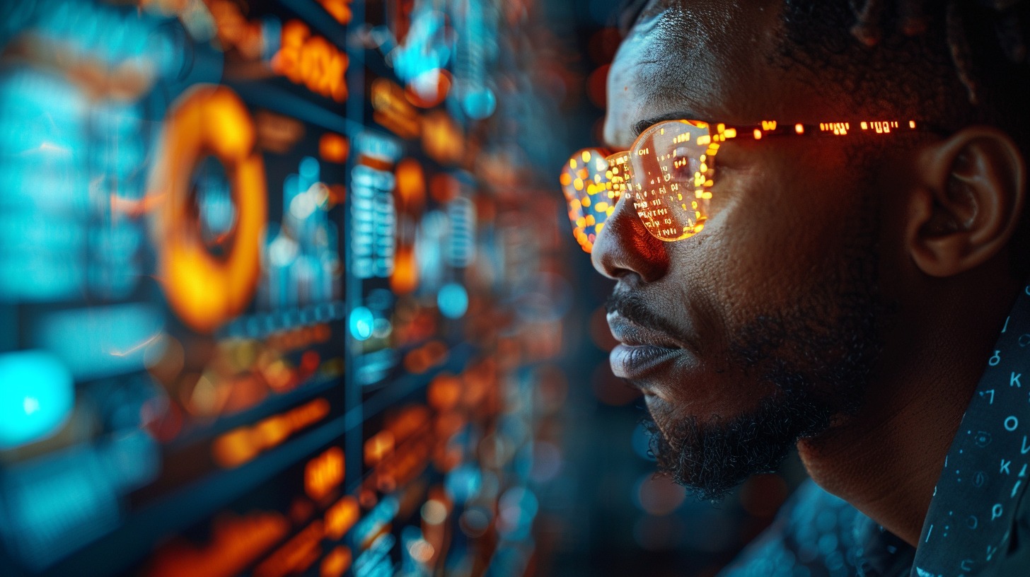 3D holographic dashboard filled with business intelligence metrics