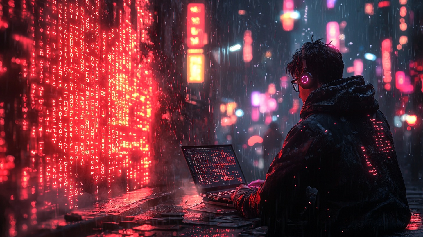 Developer working on laptop with glowing JSON code